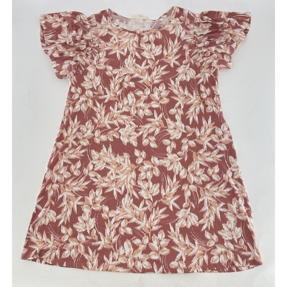 Ecothreads Flutter Sleeve Ribbed Floral Swing Dress Sz L Stretch Comfort Boho - Picture 1 of 9